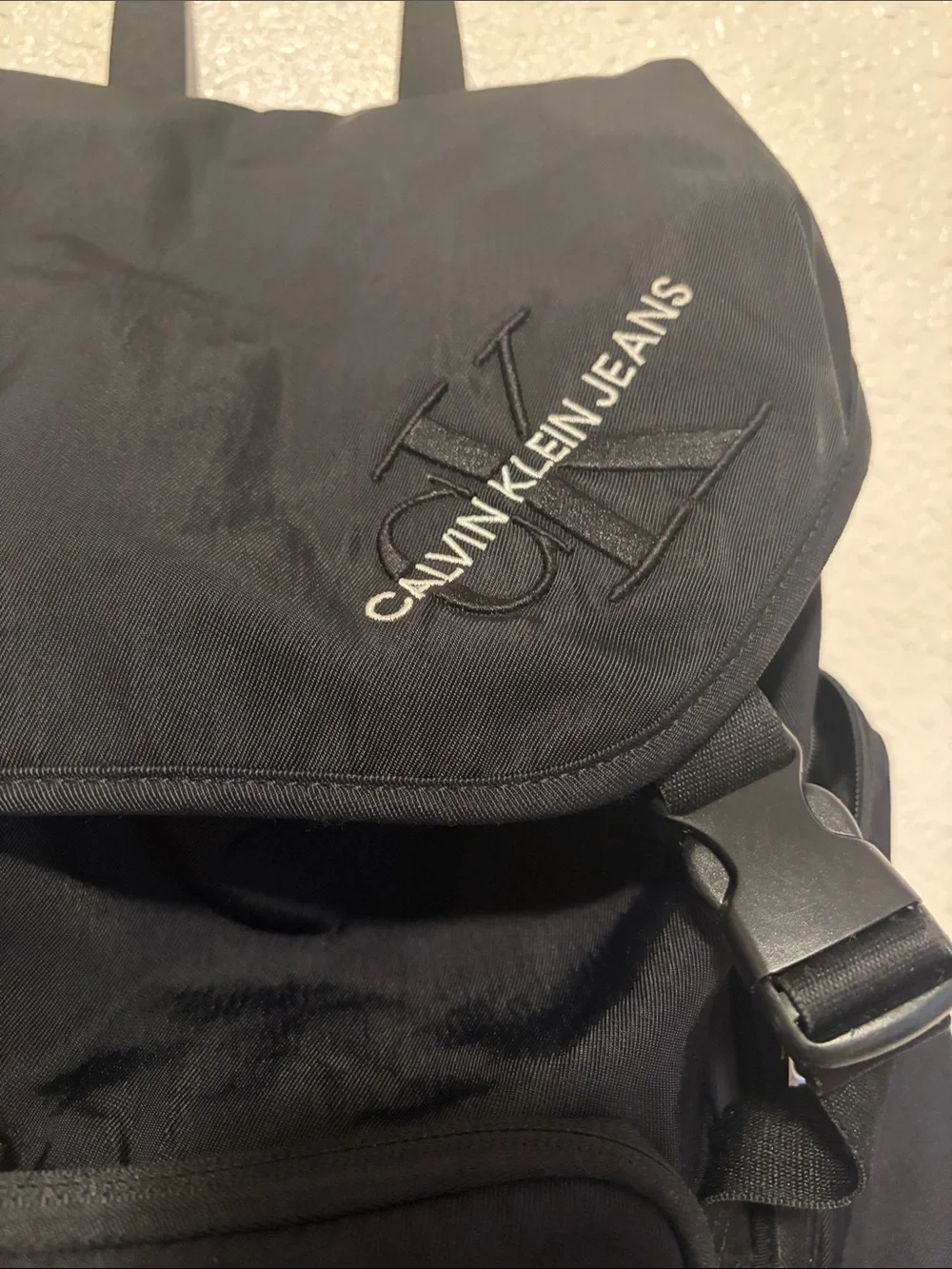 Calvin Klein  Black Nylon Flap Backpack with Front Pocket